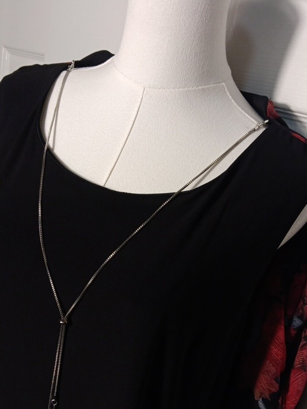 R&K Black Shift Dress with Red Floral Sheer Overlay and Blue Accents - Picture 6 of 12